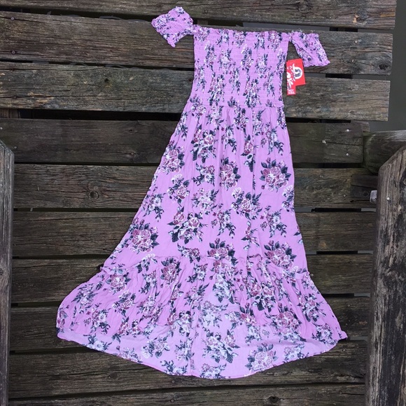 purple floral off the shoulder dress